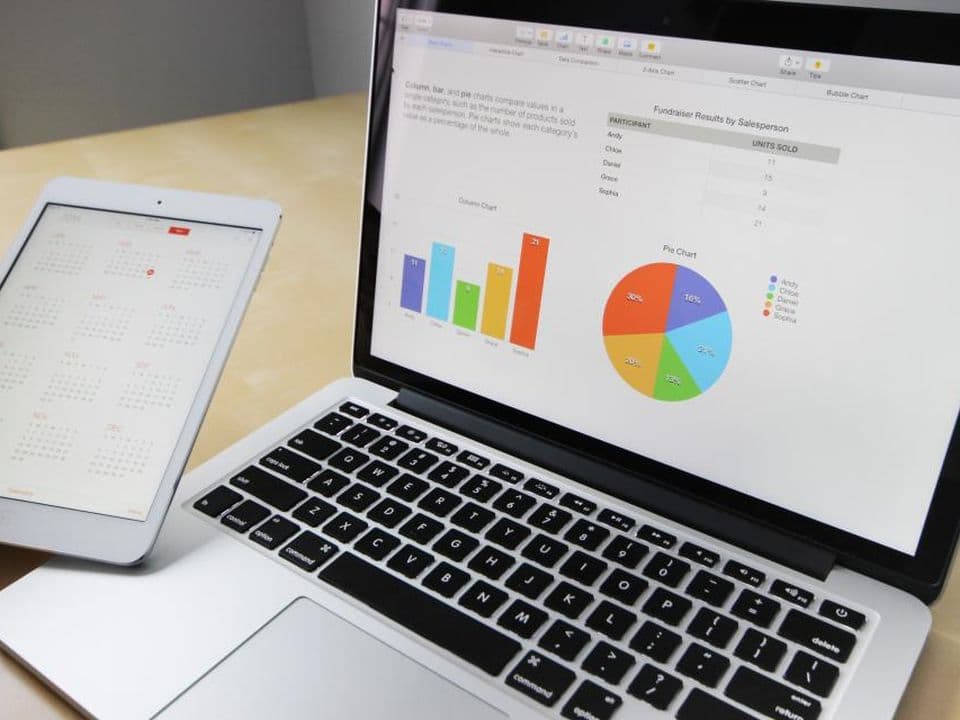 A laptop showing a business dashboard with charts